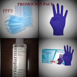 Pack 50 mascarillas FFP3, gel hicroalcholico y guantes